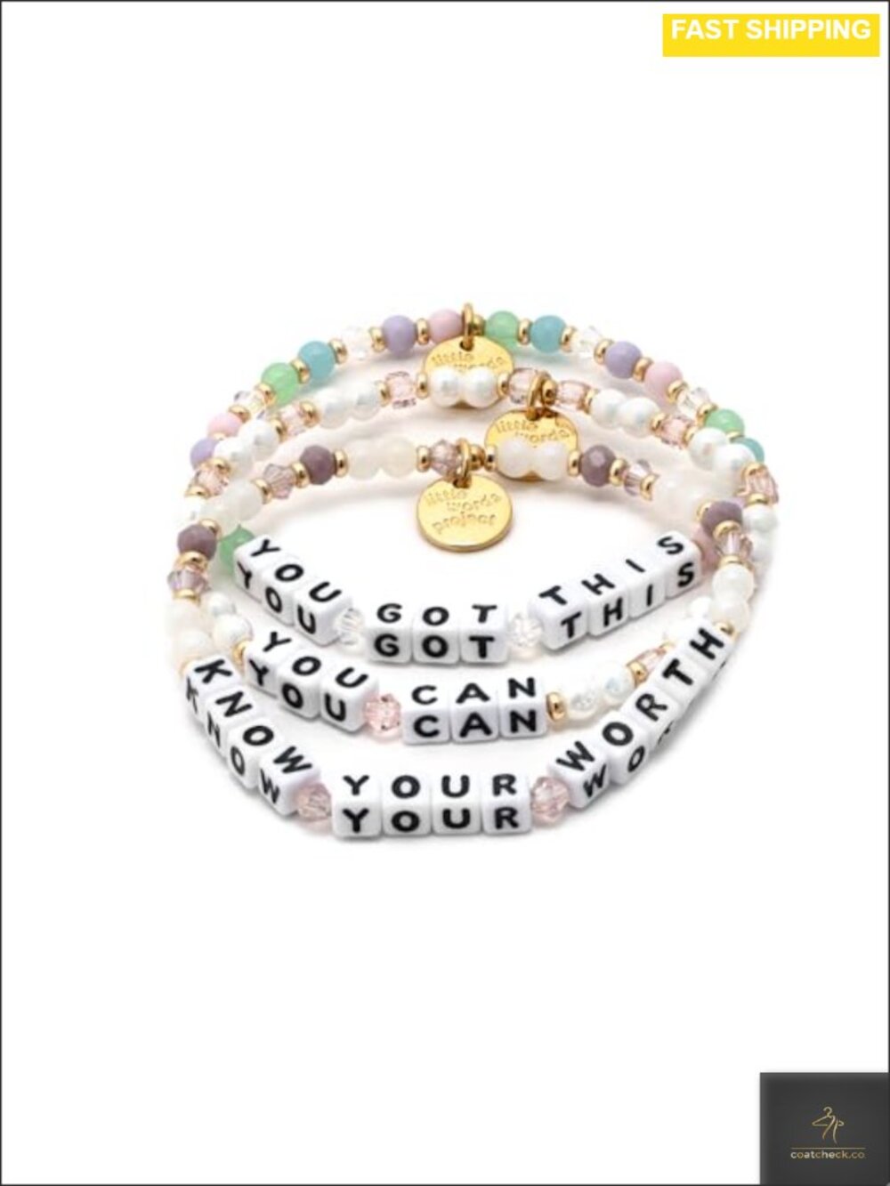 Beaded Stretch Bracelets Set of 3 Plated Brass Stackable Affirmation